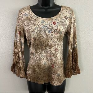 Vintage Y2K Gloria Vanderbilt Floral Top Size L Lace Trim Bell Sleeves Boho